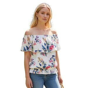 American Eagle Off the Shoulder Floral Crop Top~Size Sm~White Pink Blouse L9 12